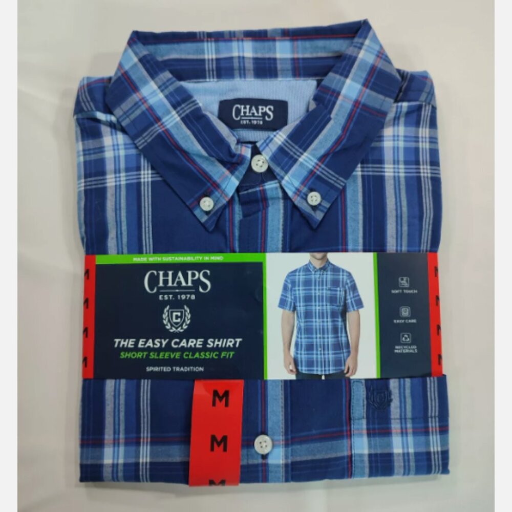 Men's Chaps Short Sleeve Button Down Easy Care Shirt Blue Plaid Size M